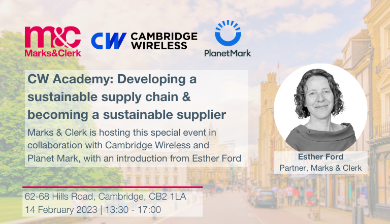 CW Academy advert for event on sustainability hosted by Marks & Clerk