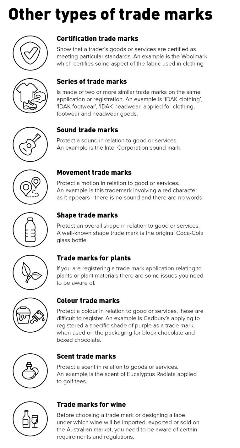 Other types of trade mark: Certification trade marks; Series of trade marks; Sound trade marks; Movement trade marks; Shape trade marks; Trade marks for plants; Colour trade marks; Scent trade marks; Trade marks for wine