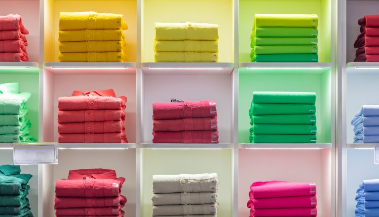 Colourful clothing on retail store shelves