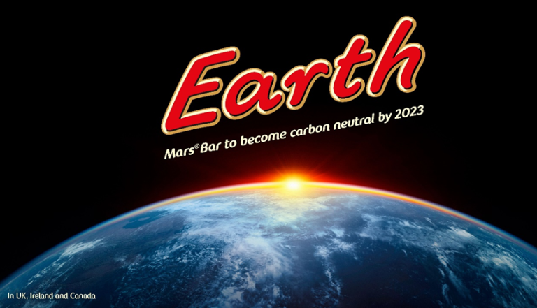 Mars 'Earth' logo with caption: 'Mars Bar to Become neutral by 2023'